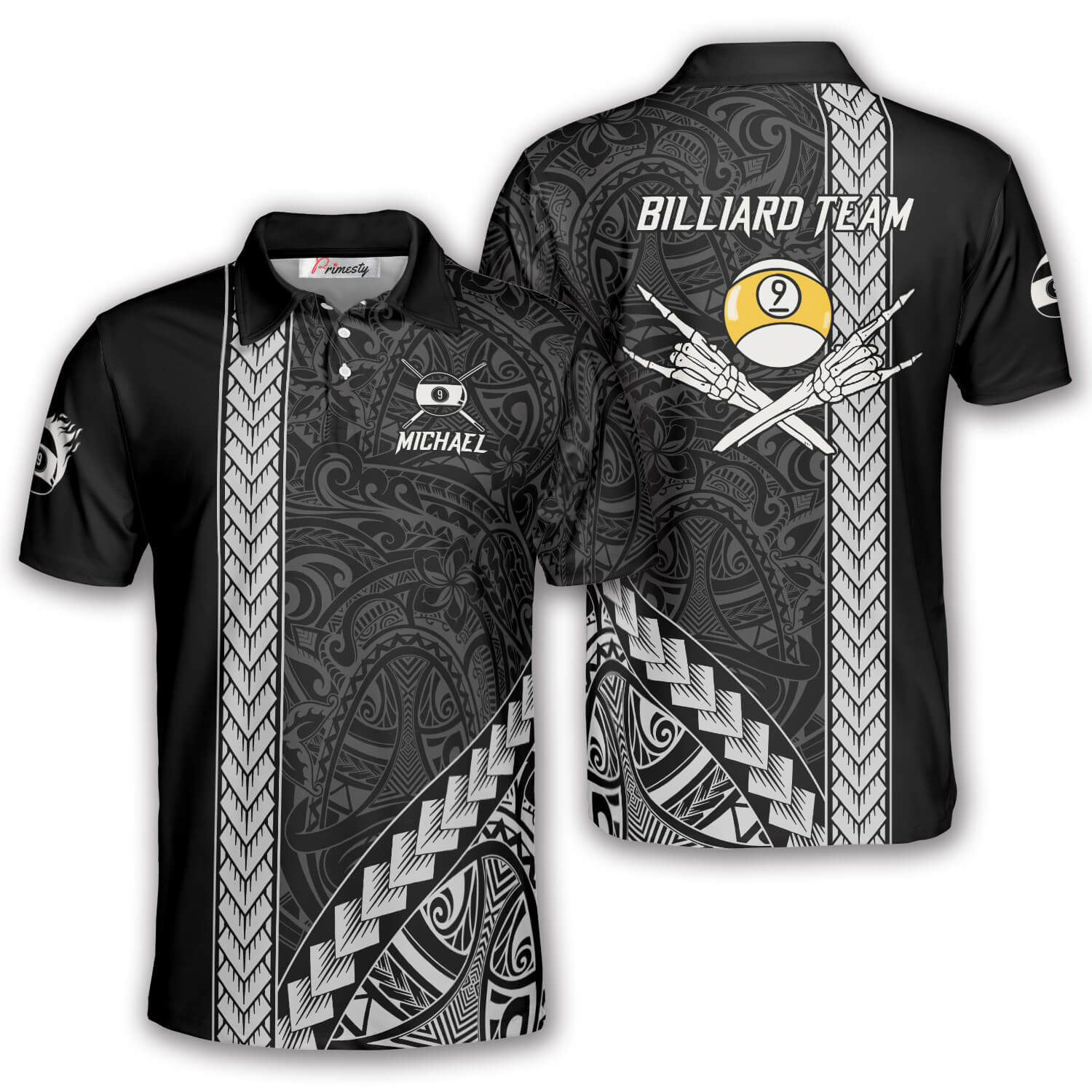 Black Polynesian Pattern Custom 9 Ball Billiard Shirts For Men - Primesty