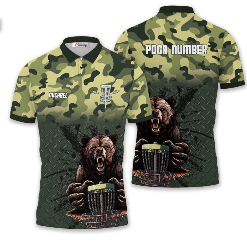Bear Holding Disc Golf Basket Camo Pattern Custom Disc Golf Shirt