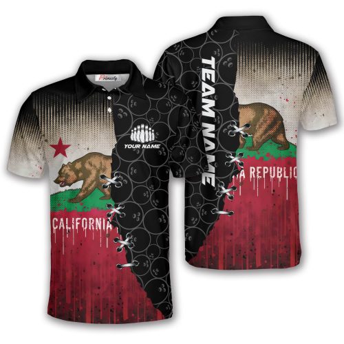 California Bear Flag Vintage Grunge Style Custom Bowling Shirt