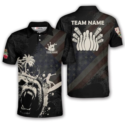 California Bear Grunge USA Flag Custom Bowling Shirt