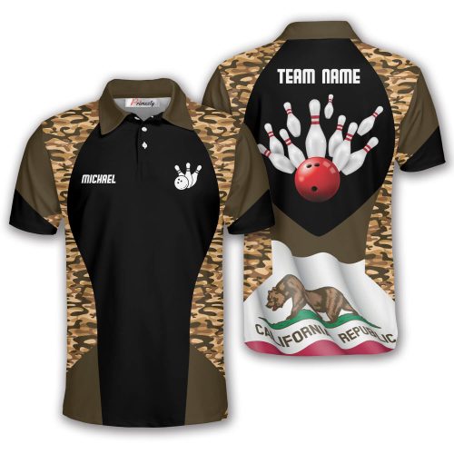 California Bear Waving Flag Brown Camo Custom Bowling Shirt