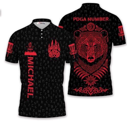 Red Bear Viking Pattern Custom Disc Golf Shirt