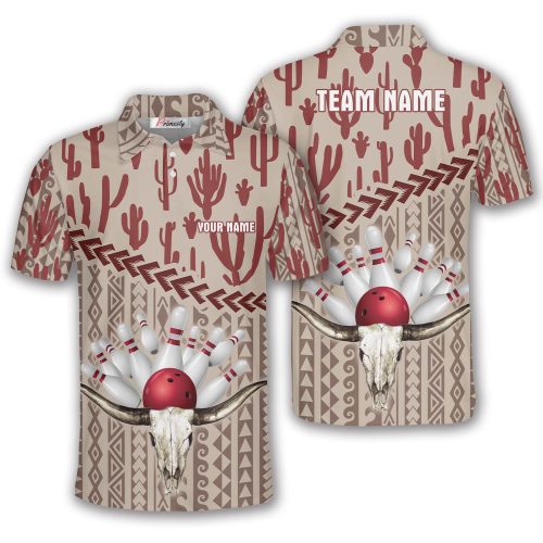 Texas Flag Cactus Tribal Longhorn Custom Texas Bowling Shirt