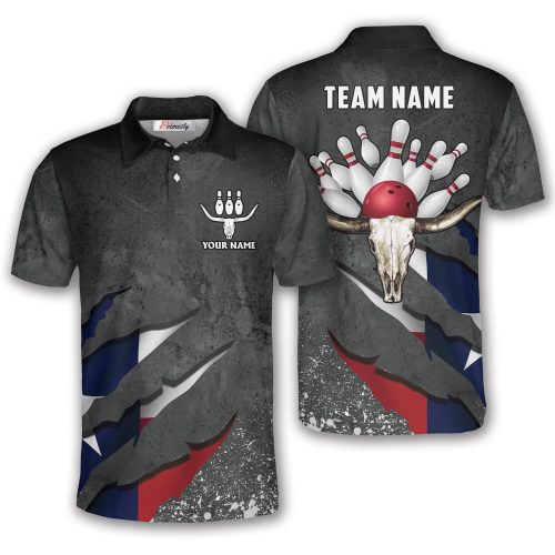 Texas Flag Longhorn Grey Grunge Custom Texas Bowling Shirt