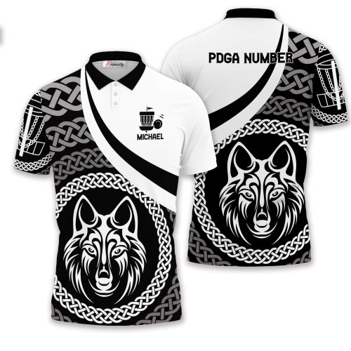 Wolf Celtic Pattern Black White Custom Disc Golf Shirt