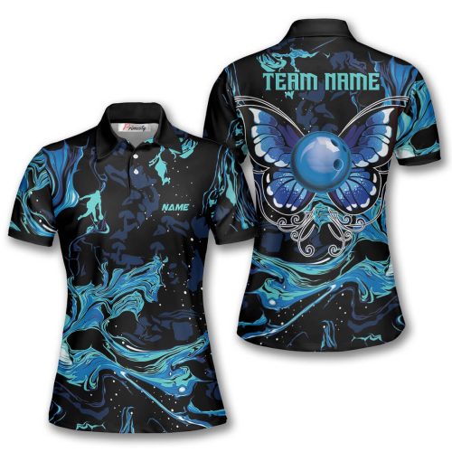 Blue Marble Pattern Butterfly Wings Custom Bowling Shirt for Women