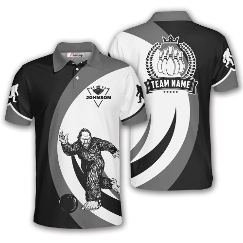 Bigfoot Playing Bowling Black Grey Version Custom Bowling Shirt