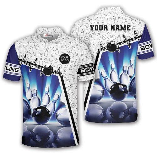 Blue White Bowling Pattern Custom Logo Bowling Shirt