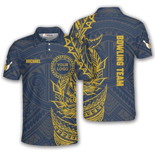 Golden Blue Tribal Pattern Custom Logo Bowling Shirt