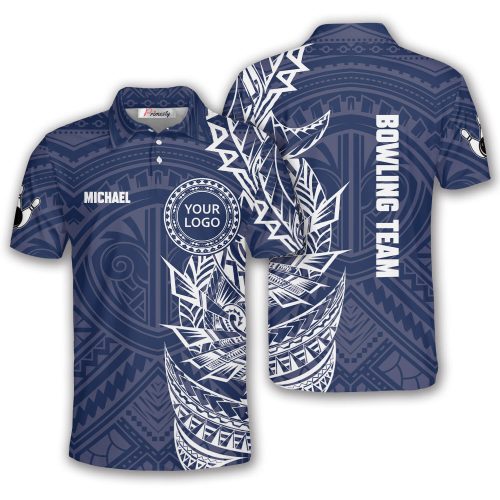 White Blue Tribal Pattern Custom Logo Bowling Shirt