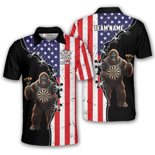 Bigfoot Playing Darts Retro USA Flag Custom Dart Shirt
