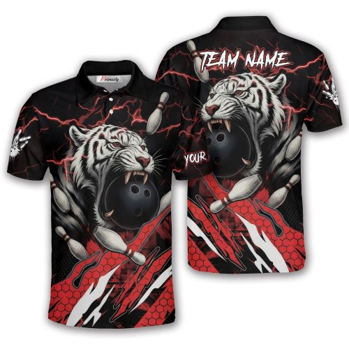 3D White Tiger Red Lightnings Custom Bowling Shirt