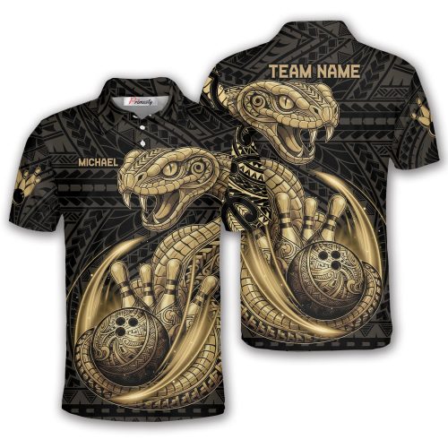Black Gold Viper Snake Tribal Pattern Custom Bowling Shirt