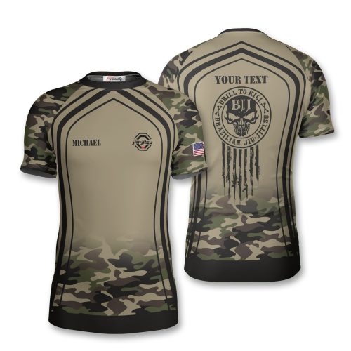 Drill To Kill Skull Camo Flag BJJ Custom Brazilian Jiu Jitsu Rash Guard