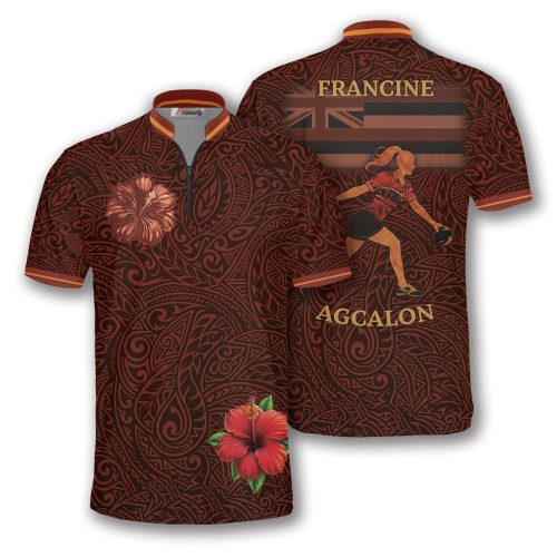 Custom Red Hibiscus Bowling Shirt (Francine)