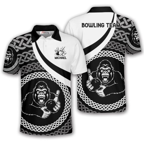 Gorilla Black White Celtic Knot Pattern Custom Bowling Shirt