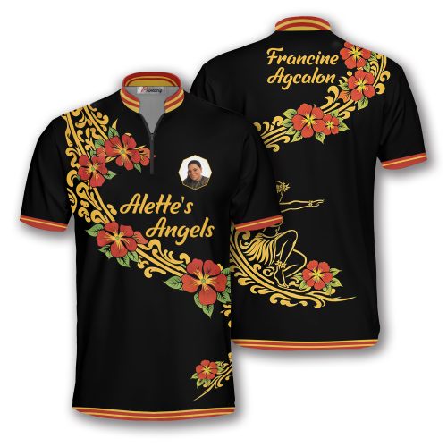 Black Red Hibiscus Custom Bowling Shirt (Francine)