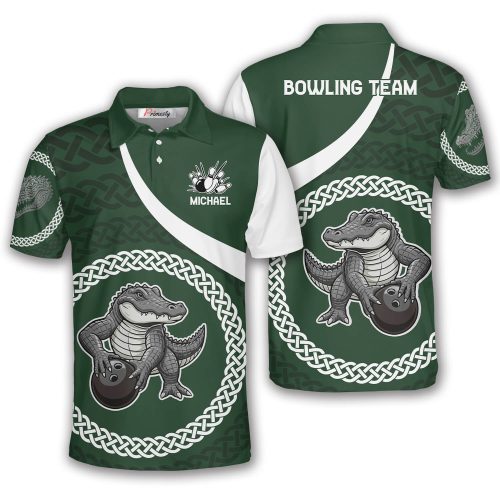 Alligator Black Green Celtic Knot Pattern Custom Bowling Shirt