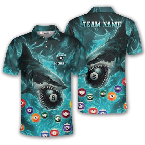 Blue Flaming Shark 8 Ball 9 Ball Custom Billiard Shirt