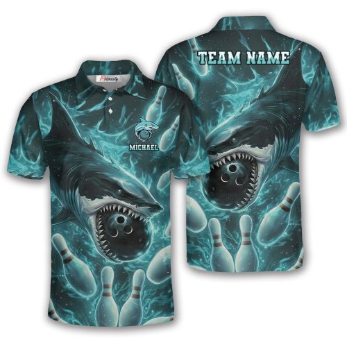 Blue Flaming Shark Bowling Strike Custom Bowling Shirt
