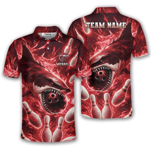 Red Flaming Shark Bowling Strike Custom Bowling Shirt