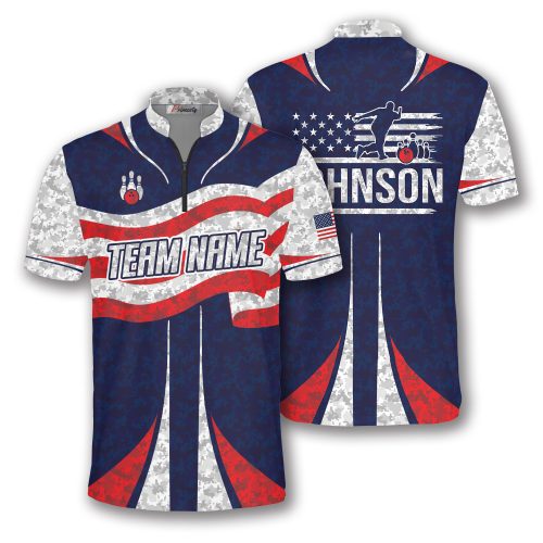 Red Bowling Ball Patriotic Grey Camouflage Custom Bowling Shirts For Men (Tyler)
