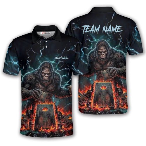 Bigfoot Blue Flaming Skulls Lightning Custom Cornhole Shirt