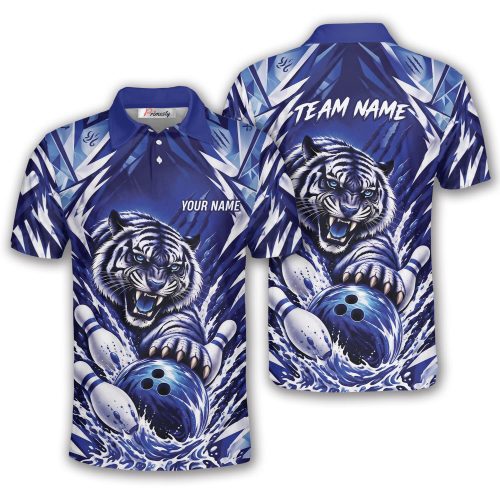 Blue White Tiger Custom Bowling Polo Shirt