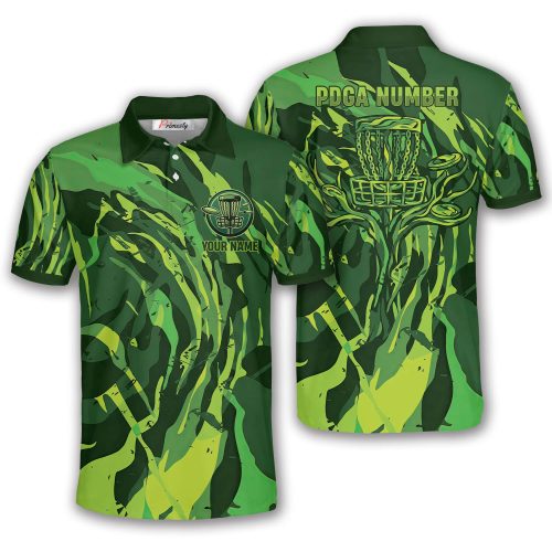 Dark Green Camo Tree Basket Custom Disc Golf Shirt