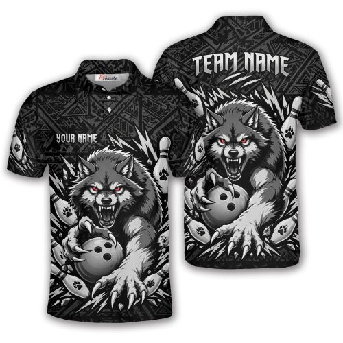 Fierce Wolf Red Eyes Gray Tribal Pattern Custom Bowling Shirt