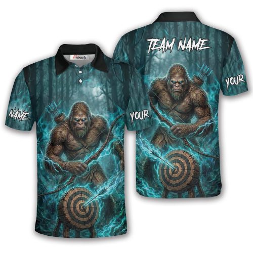Glowing Teal Bigfoot In Dark Forest Sasquatch Custom Archery Shirt