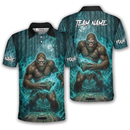 Glowing Teal Bigfoot In Dark Forest Sasquatch Custom Cornhole Shirt