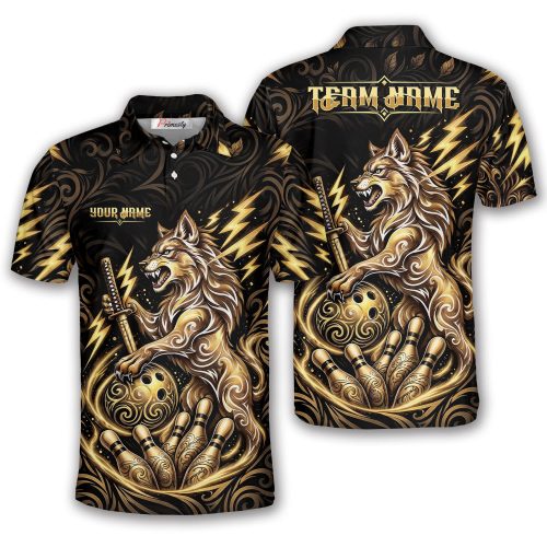 Golden Tribal Wolf Katana Lightning Custom Bowling Shirt