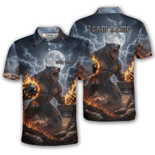 Gothic Werewolf Flaming Pin Custom Bowling Shirt