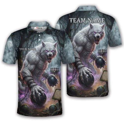 Gothic White Wolf Purple Scorecard Custom Bowling Shirt
