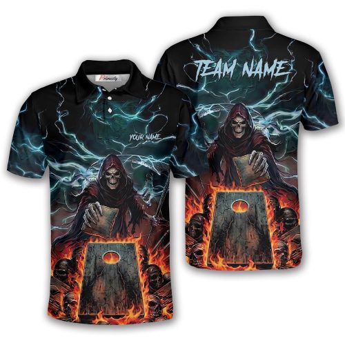 Grim Reaper Blue Flaming Skulls Lightning Custom Cornhole Shirt