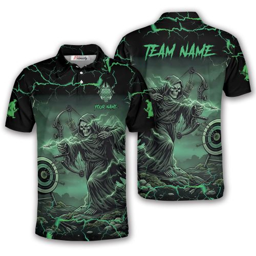 Grim Reaper Dark Green Lightnings Skull Fire Custom Archery Shirt