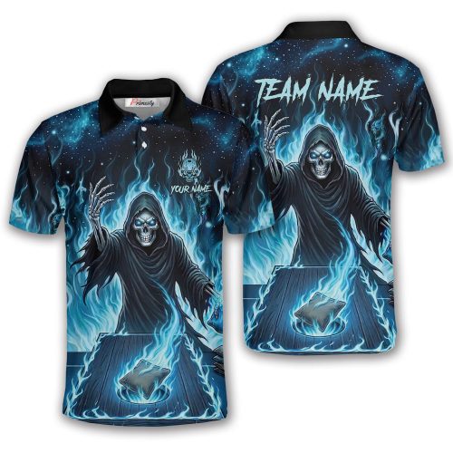 Grim Reaper Skulls Ghostly Blue Fire Custom Cornhole Shirt