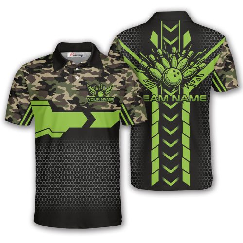 Military Camo Neon Green Black Custom Bowling Shirt