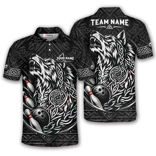Nordic Wolf Black White Tribal Pattern Custom Bowling Shirt