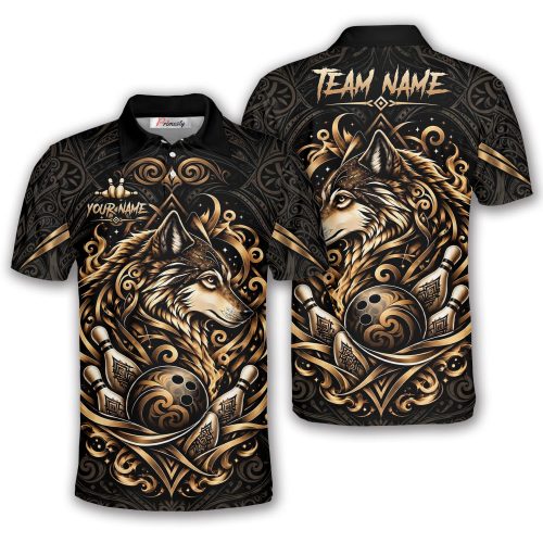 Polynesian Wolf Pattern Gold Black Custom Bowling Shirt