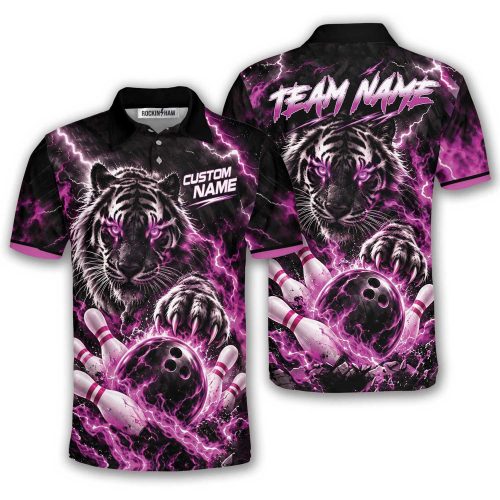 Purple Lightning Tiger Custom Bowling Polo Shirt