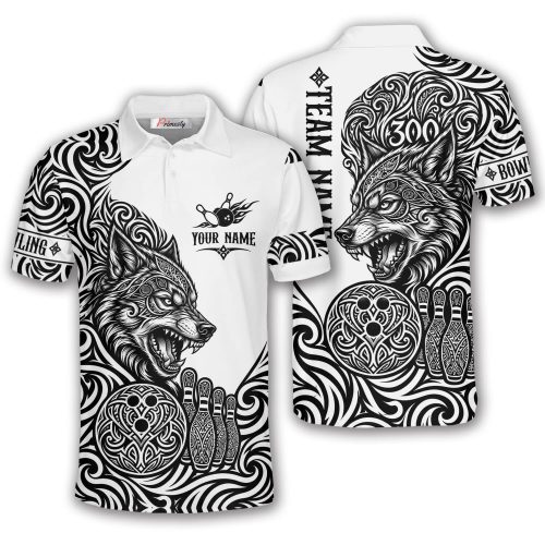 Tribal Tattoo Wolf White Background Custom Bowling Shirt
