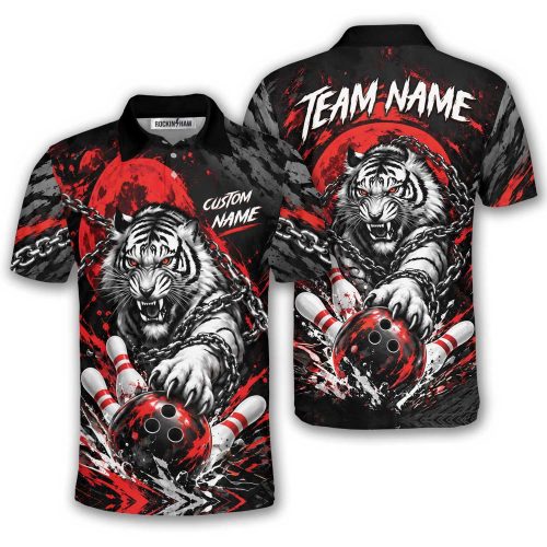 White Tiger Chain Red Gray Camo Custom Bowling Polo Shirt