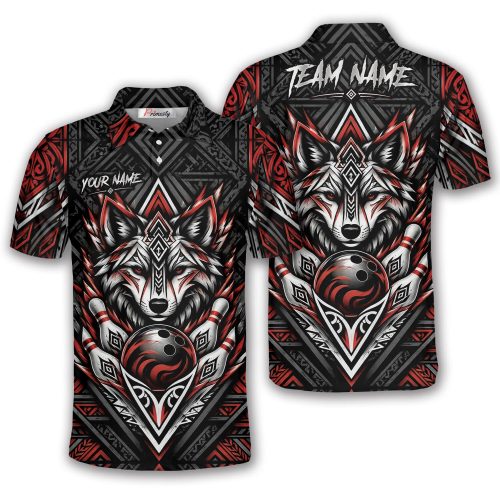 Wolf Geometric Tribal Red Custom Bowling Shirt