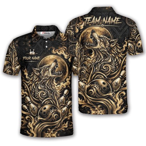 Wolf Polynesian Moon Gold Custom Bowling Shirt