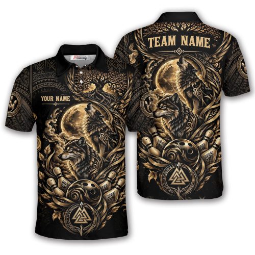 Wolf Polynesian Moon Gold Custom Bowling Shirt